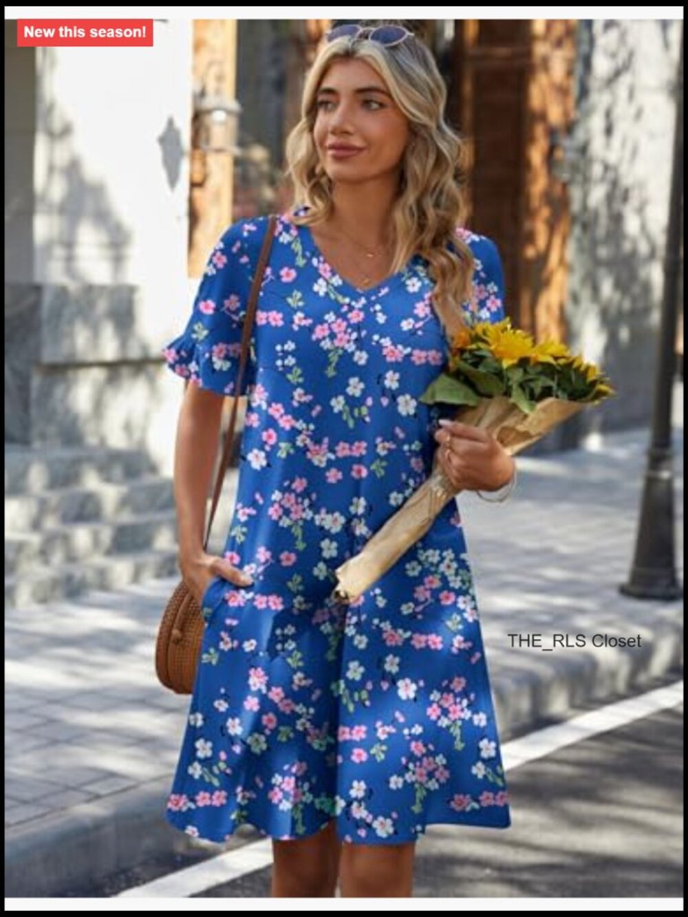Ruffle Short Sleeve V-Neck Floral A-Line Dress with Pockets - Picture 2 of 7